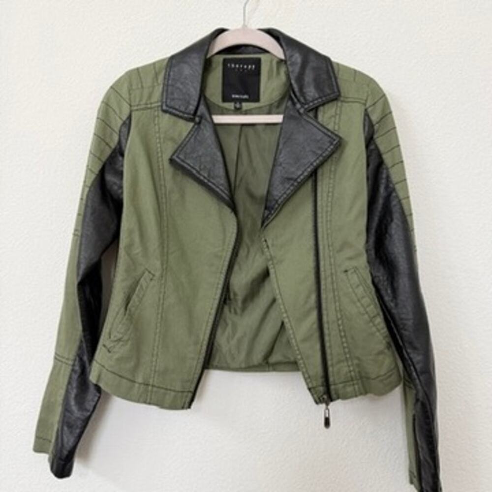THERAPY by Lane Crawford Green Cotton Moto Jacket Faux Leather Trim‎ Zip Size S